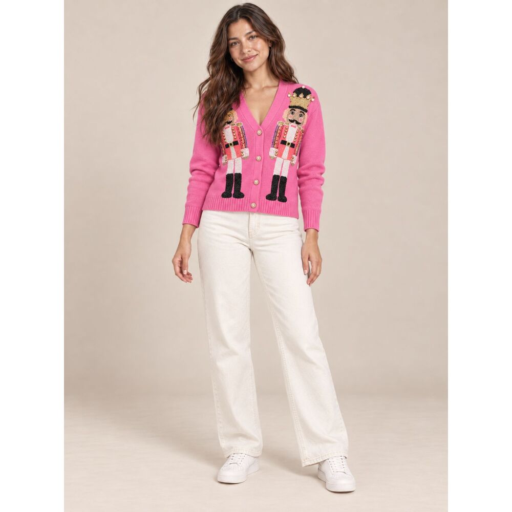 Queen of Sparkles Pink Sequin Nutcracker Christmas Cardigan Women S